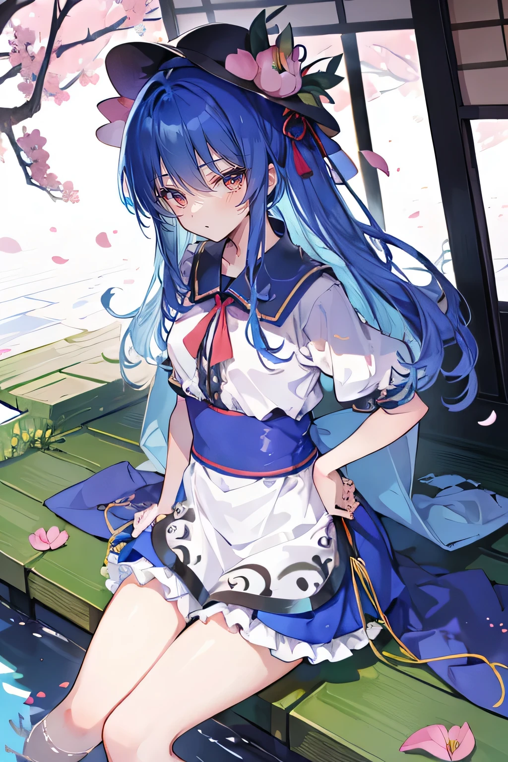 (best quality, masterpiece:1.2), expressive eyes, perfect face, 1 girl, hands on waist, beautiful, gorgeous, Japanese animation, Lola, Hinamori Angel, blue hair, floating clothes, waist grab, waist grab, hands on hips, sitting, sitting on the ground, legs on the ground, flat-chested, falling petals, sitting in a pavilion, pavilion.