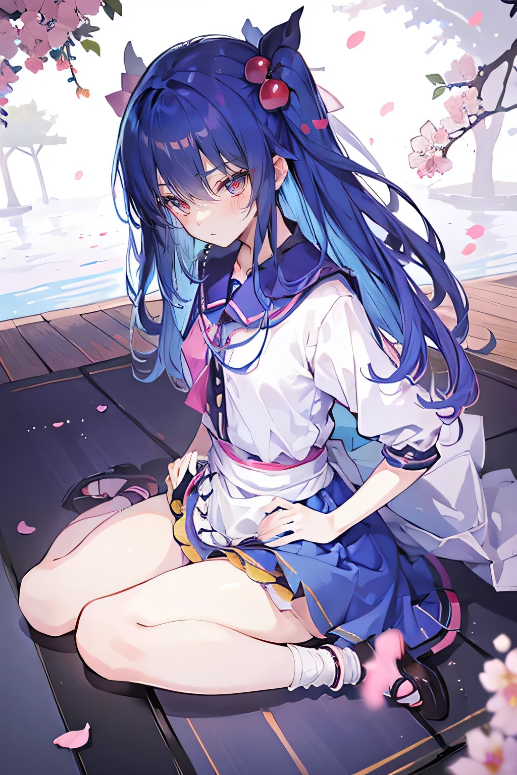 (best quality, masterpiece:1.2), expressive eyes, perfect face, 1 girl, hands on waist, beautiful, gorgeous, Japanese animation, Lola, Hinamori Angel, blue hair, floating clothes, waist grab, waist grab, hands on hips, sitting, sitting on the ground, legs on the ground, flat-chested, falling petals, sitting in a pavilion, pavilion.