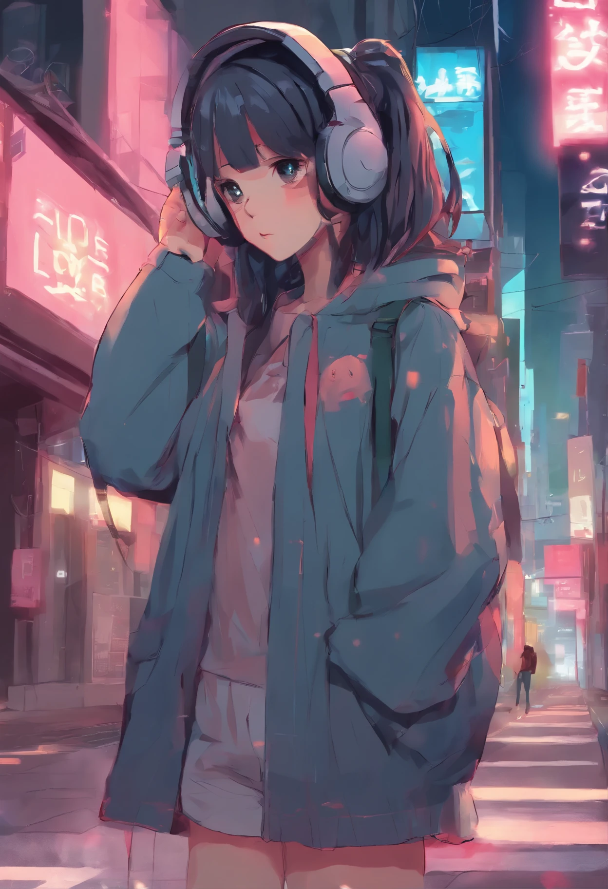 anime girl with headphones walking down the street at night, lofi girl, lofi artstyle, lofi art, lofi portrait, anime vibes, lofi vibes, lofi girl aesthetic, lofi feel, lofi hip hop, anime aesthetic, lofi aesthetic, lofi colors, lofi vibe, lo-fi art, lofi