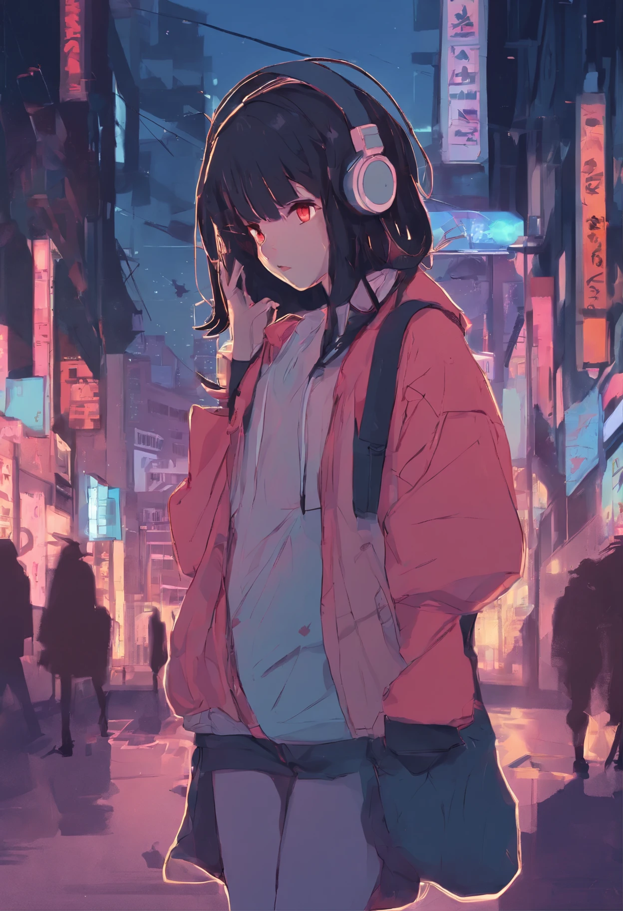 anime girl with headphones walking down the street at night, lofi girl, lofi artstyle, lofi art, lofi portrait, anime vibes, lofi vibes, lofi girl aesthetic, lofi feel, lofi hip hop, anime aesthetic, lofi aesthetic, lofi colors, lofi vibe, lo-fi art, lofi