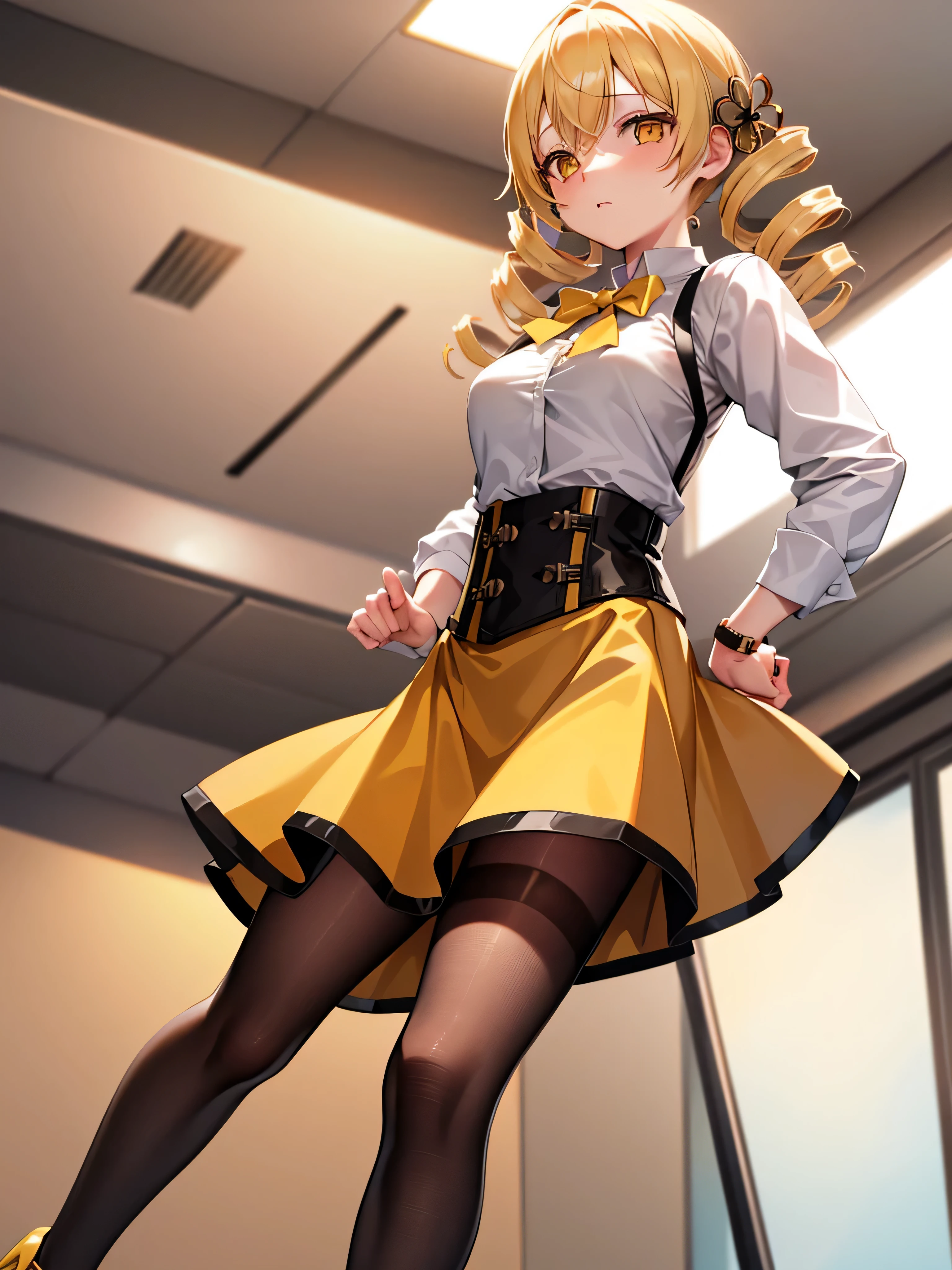 Tabletop, highest quality, One Girl, (mami tomoe), Blonde, Drill Hair, Twin Drill, (Yellow Eyes:1.2), evening, sunset,、((Photo from directly below))、((Pencil Skirt))、((Office Suits))、((blouse))、((Black mini skirt))、((pantyhose))、((High heels))、((Best))