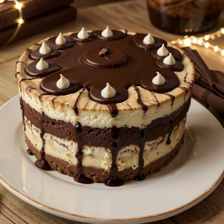 A slice of tiramisu cheesecake in a plate, decorated with chocolate chips and cute tiny leaf with lights