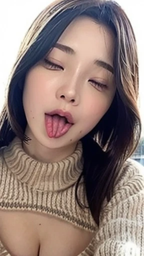 1girl,(wool sweater:1.4),sexy pose,pov, ((tongue out, open mouth)), Close ~ eyes)))