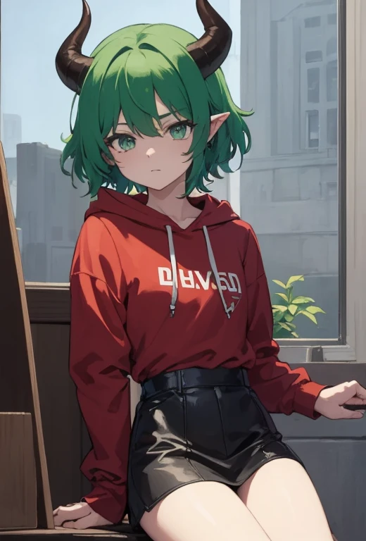 (Superior Quality, Masterpiece: 1.2), 1 boy, horned, animated, green hair, rosy bangs, emerald eyes, horns, purple theme, gazing at the audience, hoodie, leather jacket, red shirt, pointed ears, little devil, solo, wearing a shirt, short curly hair.