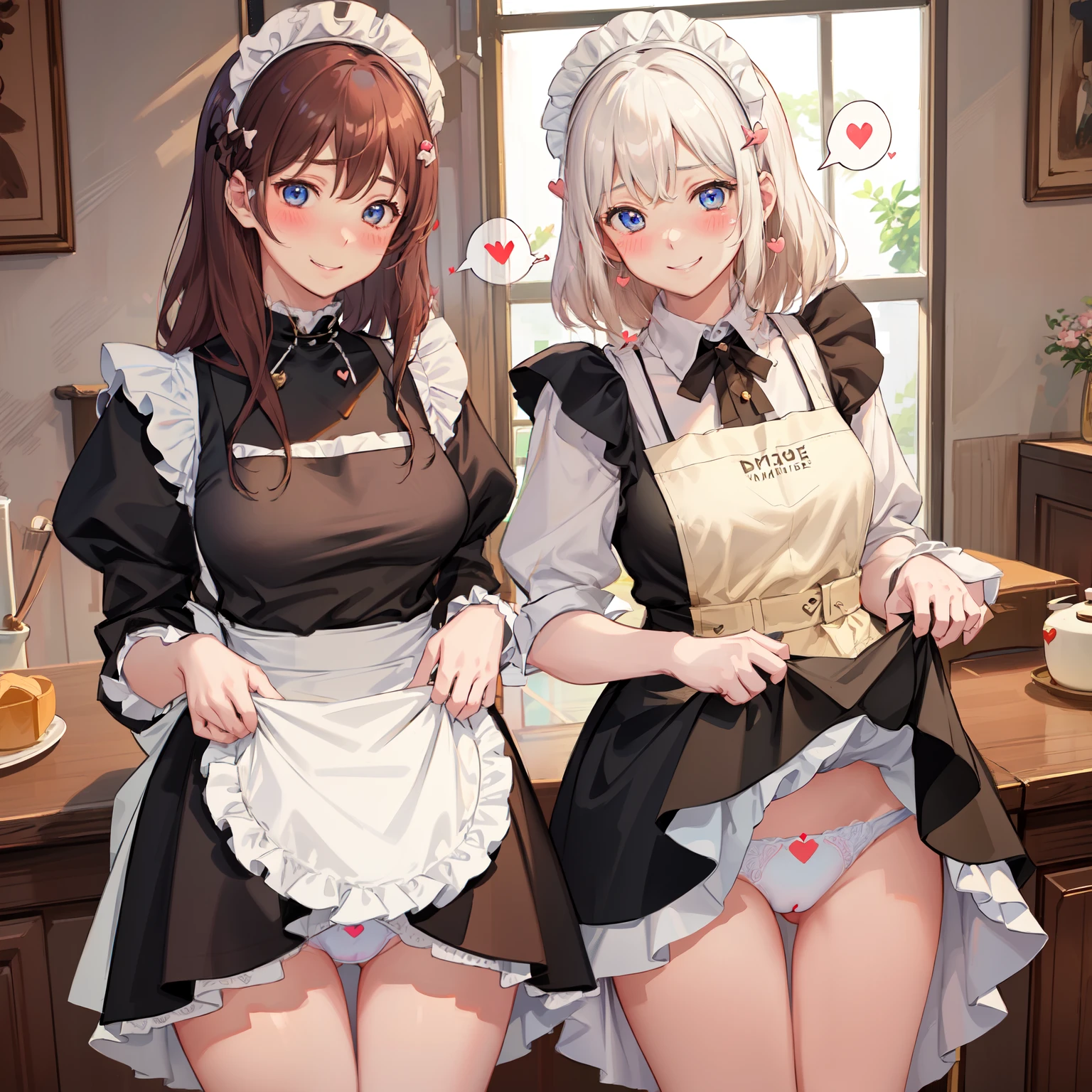 highest quality、masterpiece、((2 girls))、((smile:1.3))、(blush:1.3)、Black Shirt、blouse、((fun!!))、(Small breasts)、()、Blonde、()、((White apron:1.5))、((Maid))、((hair ornaments)),、Kamimei、look at me、 ((in house:1.5))、 Taking a break from watching the audience、Cowboy Shot、(Skirt lift:1.3),(Highly detailed white panties:1.3)、(Highly detailed panties:1.3)、、(スカート that rolls up:1.3)、(Panties fully exposed:1.5)、Light blue eyes、long hair、((spoken heart:1.5))、