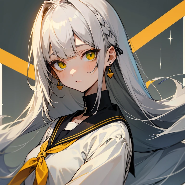 Gray Hair、Straight Hair、Straight bangs、Hime cut、Half Up、Large black ribbon、Inner Beige、Inner braid、Left side 2 black pins、Drooping eyes、Yellow-green eyeole under right eye、White choker、Black turtleneck inner、pure white sailor suit、Earrings