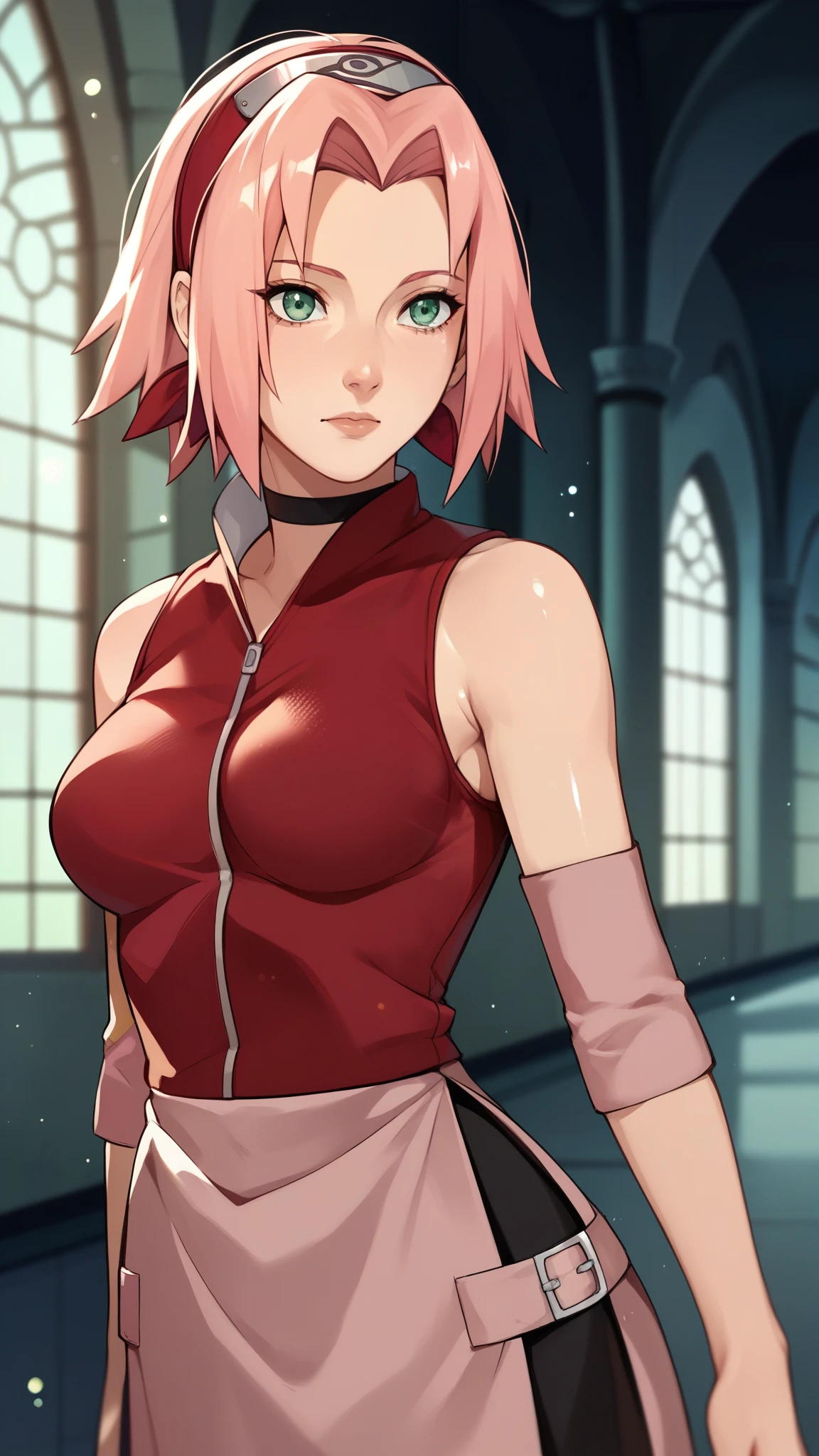 score_9,score_8_up,score_7_up,score_6_up,score_5_up,score_4_up BREAK skinny,choker,medium breasts,detached sleeves, indoors ,shiny skin,bokeh,bloom,indoors,light particles, bedroom,1girl,haruno sakura,pink hair,short,hair,green eyes,forehead protector, seductive pose, demonstrating her full body