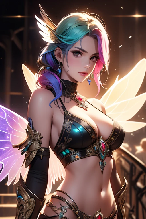 Masterpiece, Steampunk fairy, beautiful lips, rainbow coloured hair, ((massive mechanical wings :1.2)), (small breasts: 1.2), iridescent, vibrant colours, flowery meadows, soft delicate ethereal lighting, sharp focus, intricately detailed, rays of light, high detail, skin details, high detailed skin texture, 8k hdr, Smooth, perfect fingers, Illustration, High Detail, Concept Art, Behance, Ray Tracing, Smooth, Sharp Focus, highly detailed eyes, navel,