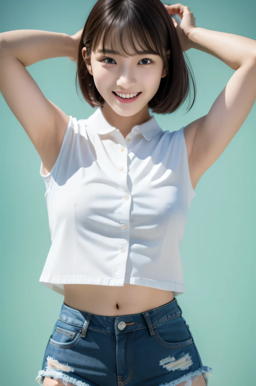 The beauty of 8K raw photos:2.0, Japanese woman, short hair, 18 years old, great face and dark eyes, looking down, looking at the viewer:1.5, big smile, tongue out, show the tongue, wet hair, show the crotch, spread the legs wide, show your cameltoe:1.2, tiny top, (denim shorts, white shirt:1.2), shinny skin, realistic:1.9, very detailed, cross-legged, cowboy shot from bottom:1.2, High resolution RAW color photos, professional photos, Taken at the studio, plain wallpaper, girl sexy portrait
