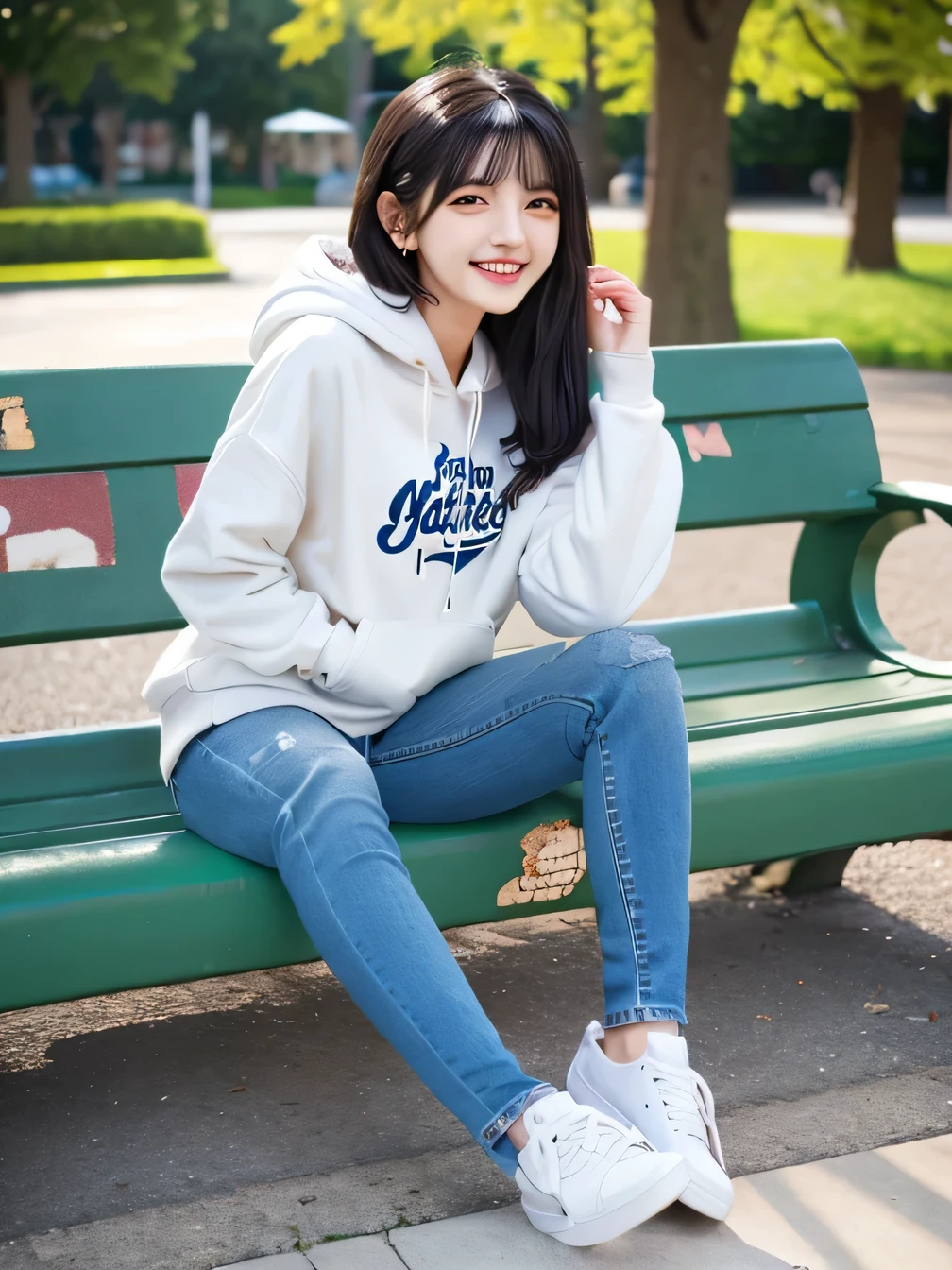 highest quality)), ((masterpiece)), (Get used to it), Perfect Face、((highest quality)), A neat and beautiful woman sitting on a park bench、hoodie、Skinny jeans、sneakers、Black Hair、smile showing teeth、Full body photo、Ear piercing