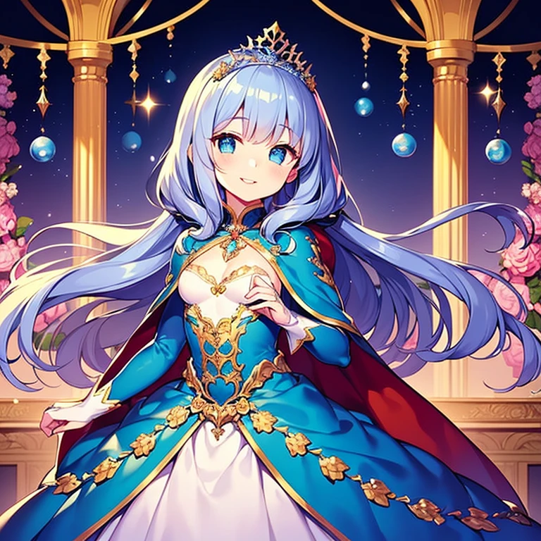 (kawaii),(best quality),(ultra detailed),(rococo style),(long train blue cape:1.15), very long cape,(long train blue ball gown with flower decorations:1.05), a girl is wearing a cape over her gown, 1 little princess, tiara, smile, very long hair, small breasts, beautiful detailed eyes, beautiful detailed lips