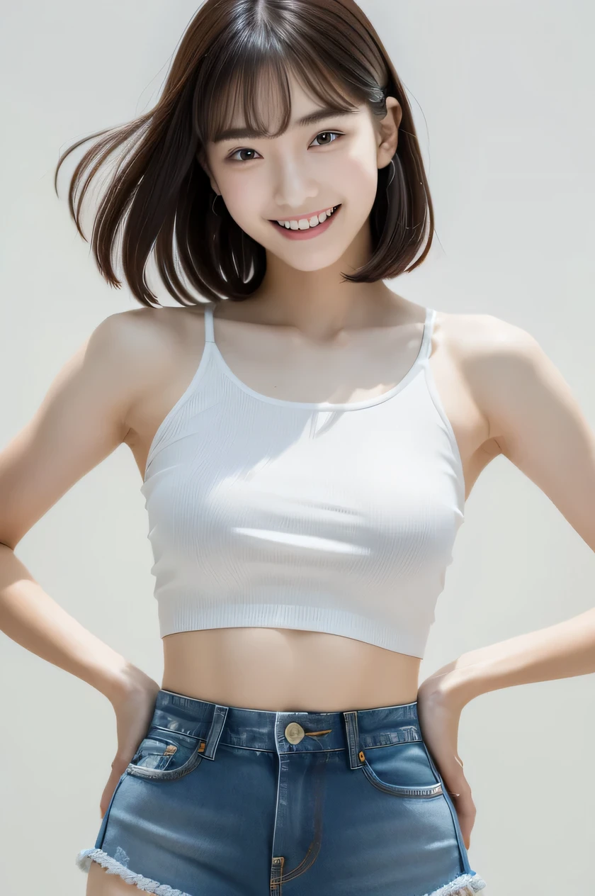 The beauty of 8K raw photos:2.0, Japanese woman, short hair, 18 years old, great face and dark eyes, looking down, looking at the viewer:1.5, big smile, tongue out, show the tongue, wet hair, show the crotch, spread the legs wide, show your cameltoe:1.2, tiny top, (denim shorts, white shirt:1.2), shinny skin, realistic:1.9, very detailed, cross-legged, cowboy shot from bottom:1.2, High resolution RAW color photos, professional photos, Taken at the studio, plain wallpaper, girl sexy portrait