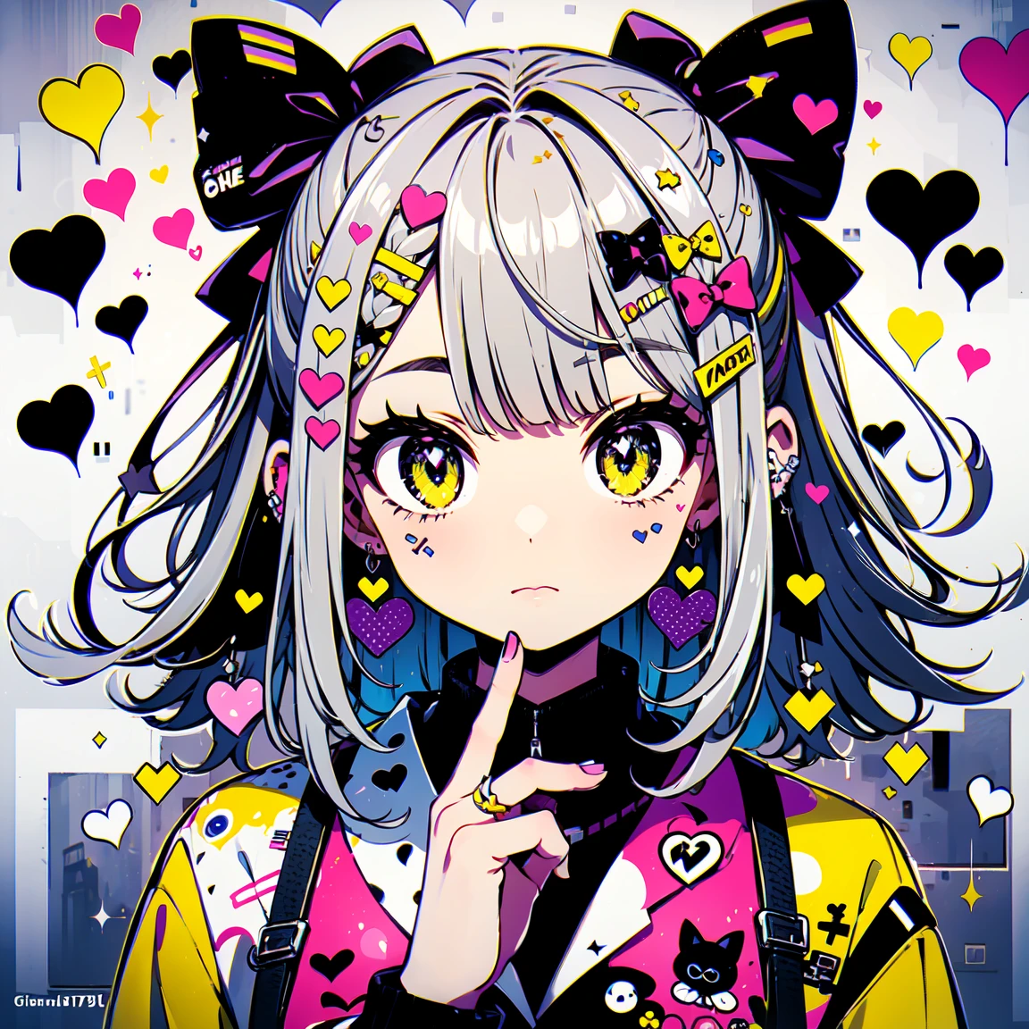 masterpiece, highest quality, Very detailed, Beautiful Shadows, heart, donut, Cinema Lighting, Studio Light, Flowers around, cute, cute, Big eyes, Flower pattern on eyes, Pupil shape , cute polka dot pattern on bows, Plaid, Gray Hair，Gray and black gradient hair color, Gradient Eye，Trendy purple and yellow clothes，pure white cute girl,whole body, Full Shot, Retro, Valletta, Decora, Plenty of accessories, 