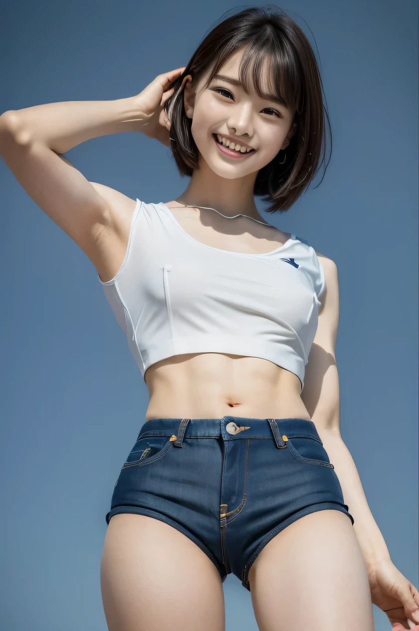 The beauty of 8K raw photos:2.0, Japanese woman, short hair, 18 years old, great face and dark eyes, looking down, looking at the viewer:1.5, big smile, tongue out, show the tongue, wet hair, show the crotch, spread the legs wide, show your cameltoe:1.2, tiny top, (denim shorts, white shirt:1.2), shinny skin, realistic:1.9, very detailed, cross-legged, cowboy shot from bottom:1.2, High resolution RAW color photos, professional photos, Taken at the studio, plain wallpaper, girl sexy portrait