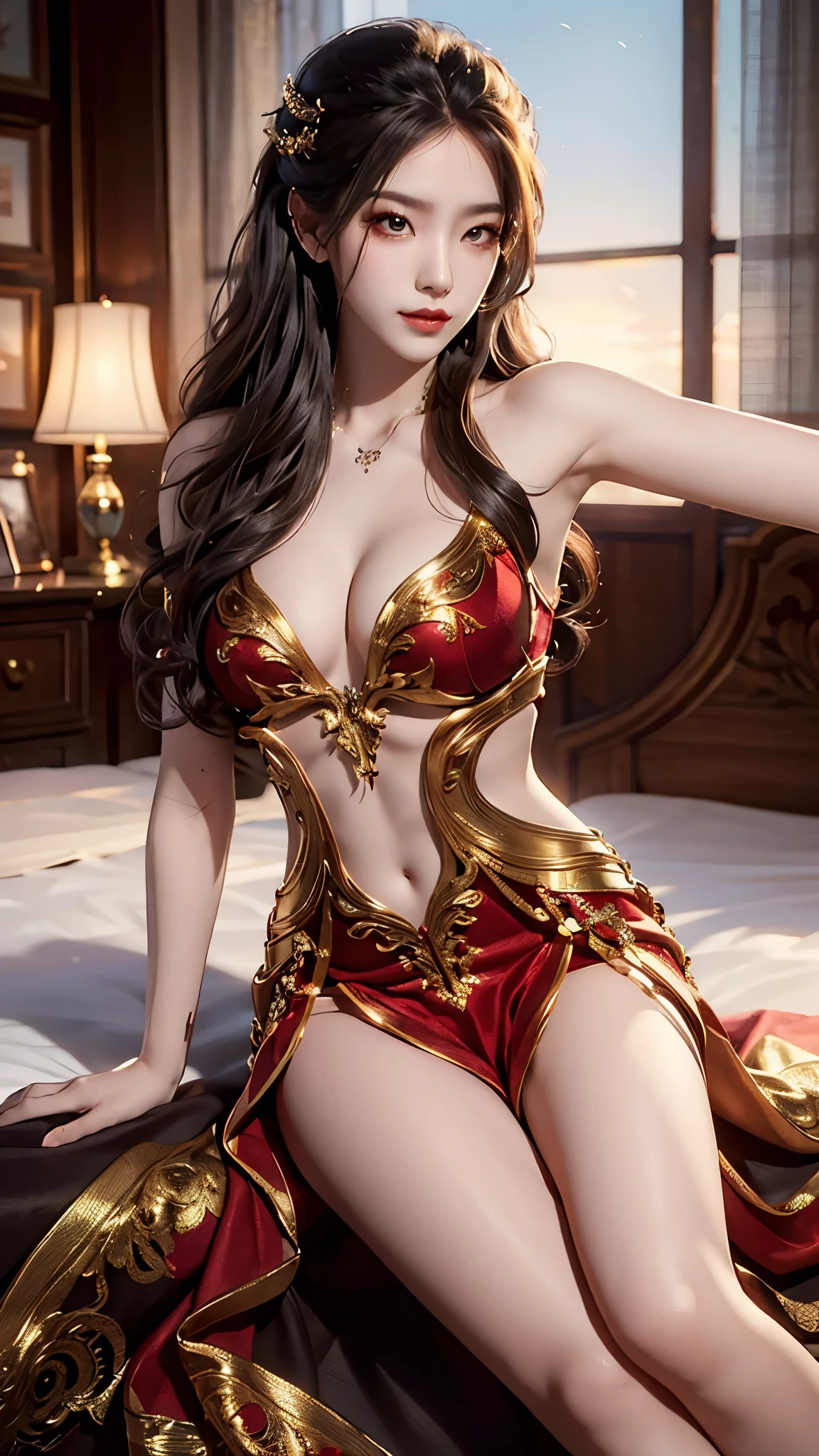 ylj, ((Yushuxin,1 Girl,Solitary)), Warm colors, Atmosphere, 4K, masterpiece, high resolution, ridiculous, Bare shoulders, Sexy long legs, on the bed, Strike a pose, brown wavy hair, lust, eyes, Shy, Pure Desire, Tempting, Sexy pose, Big breasts, Very detailed face, Light and delicate makeup, Charm and sophistication, Attractive posture, beauty, grace, lifelike, Very detailed, amazing, beauty的, Young and energetic, Charming model