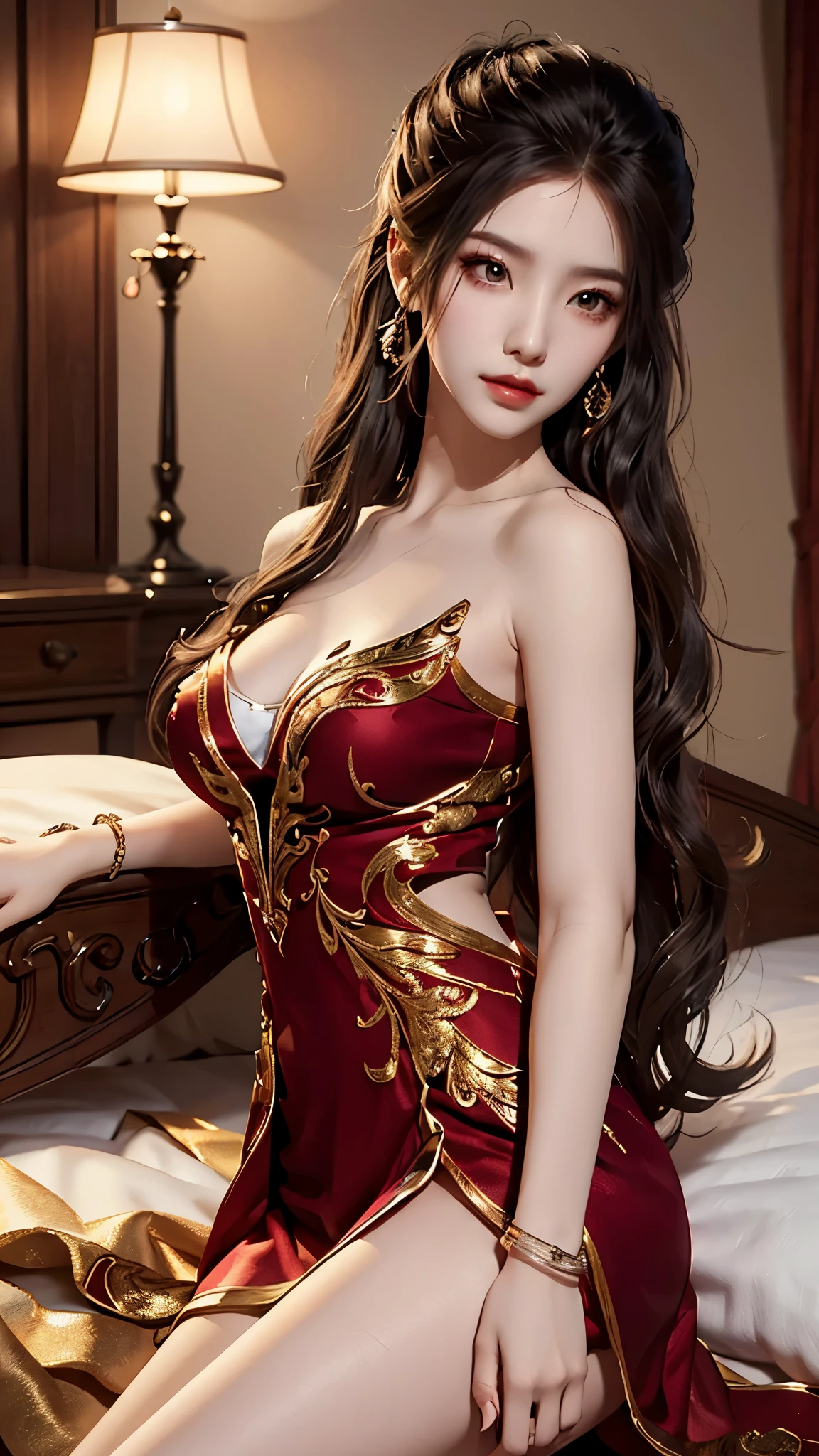 ylj, ((Yushuxin,1 Girl,Solitary)), Warm colors, Atmosphere, 4K, masterpiece, high resolution, ridiculous, Bare shoulders, Sexy long legs, on the bed, Strike a pose, brown wavy hair, lust, eyes, Shy, Pure Desire, Tempting, Sexy pose, Big breasts, Very detailed face, Light and delicate makeup, Charm and sophistication, Attractive posture, beauty, grace, lifelike, Very detailed, amazing, beauty的, Young and energetic, Charming model