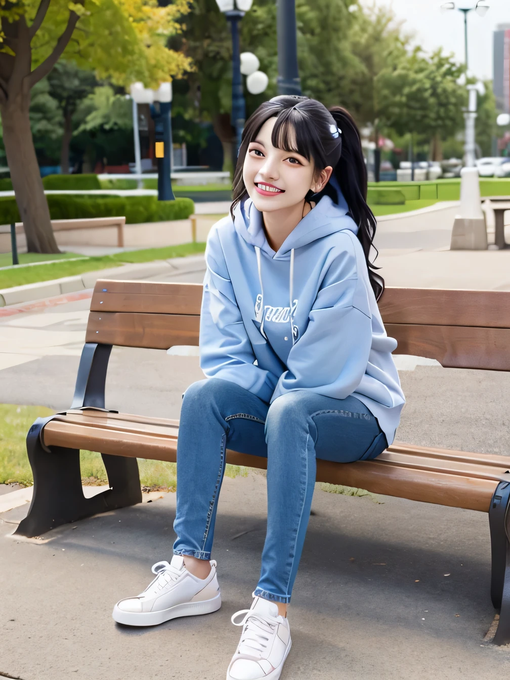 highest quality)), ((masterpiece)), (Get used to it), Perfect Face、((highest quality)), A neat and beautiful woman sitting on a park bench、hoodie、Skinny jeans、sneakers、Black Hair、smile showing teeth、Full body photo、Ear piercing