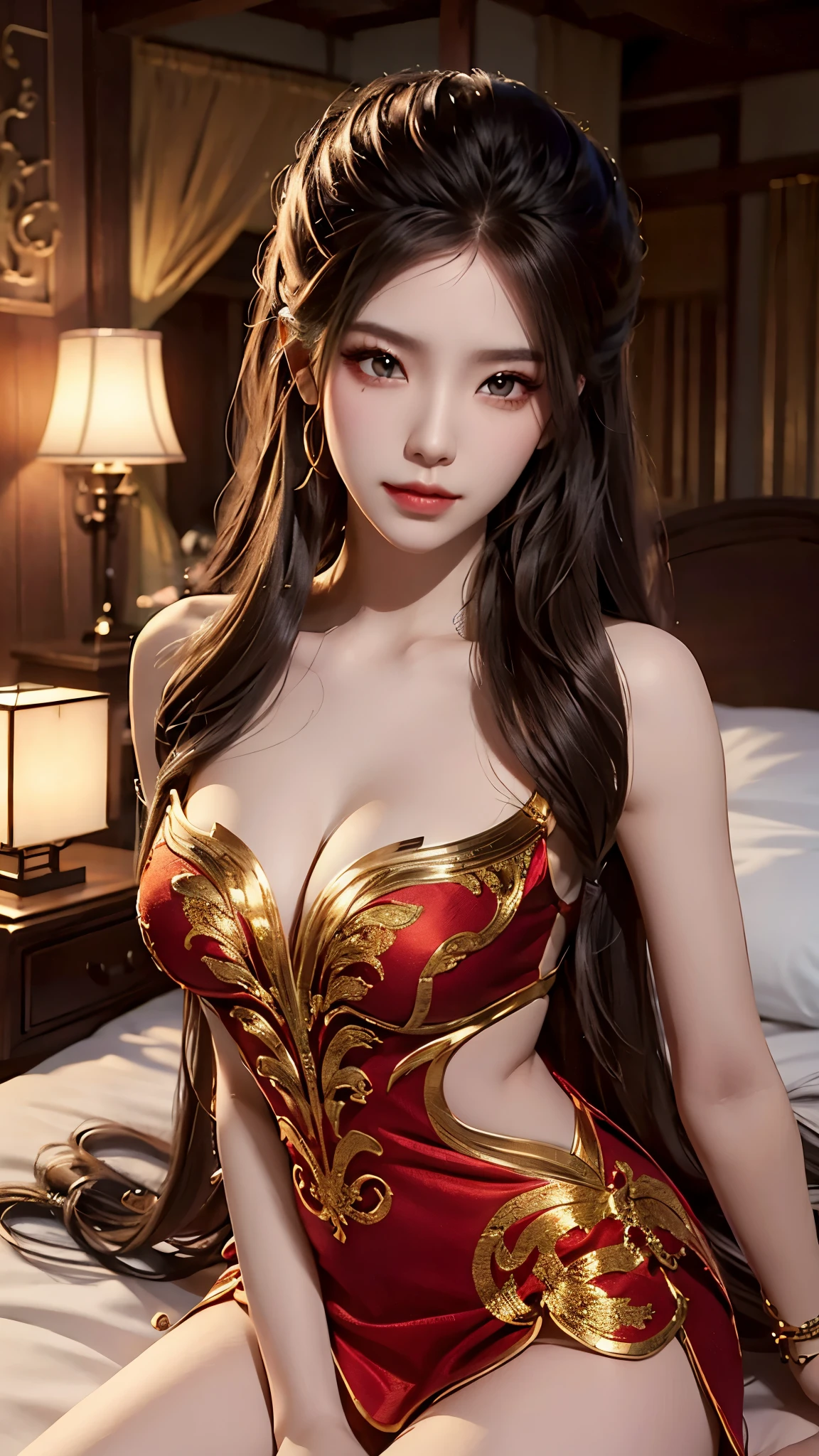 ylj, ((Yushuxin,1 Girl,Solitary)), Warm colors, Atmosphere, 4K, masterpiece, high resolution, ridiculous, Bare shoulders, Sexy long legs, on the bed, Strike a pose, brown wavy hair, lust, eyes, Shy, Pure Desire, Tempting, Sexy pose, Big breasts, Very detailed face, Light and delicate makeup, Charm and sophistication, Attractive posture, beauty, grace, lifelike, Very detailed, amazing, beauty的, Young and energetic, Charming model