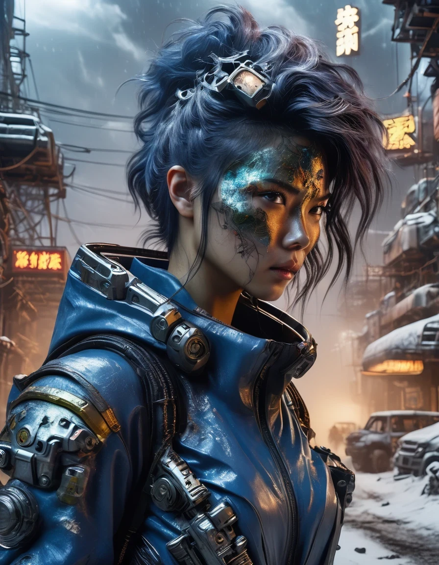 in style of Eugene Galien-Laloue,Wasteland of Doom,(The extremely beautiful and powerful heroine in the doomsday world is holding a gun),Mecha Clothing,Short blue hair,Beautiful Asian face,Glass mask passes light through, Delicate skin texture, Determined gaze,background:Blizzard,Heavy snowfall,The broken eaves and broken walls are everywhere, and the scene is desolate.。In a post-apocalyptic environment,Regardless of appearance or practicality,Everything is for survival,Exaggeration in appearance,Can make enemies feel fear。Many items are basically worn out.,Rust,The form of splicing,Add splash graffiti to create the environment of a wasteland world。Elements such as neon lights will often appear in the doomsday wasteland.。The most important point is that the wasteland world is a world after the collapse of technological civilization.,Productivity setbacks,Material resources are extremely scarce,UHD, masterpiece, textured skin, high details, high quality, award winning, best quality, highres, 16k, Science fiction film,full of fantasyfantastical ideas,by van gogh,Big roundspaceship,Doomsday, wasteland style,hd,8k