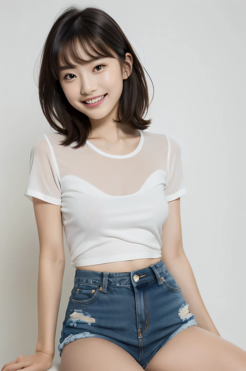 The beauty of 8K raw photos:2.0, Japanese woman, short hair, 18 years old, great face and dark eyes, looking down, looking at the viewer:1.5, big smile, tongue out, show the tongue, wet hair, show the crotch, spread the legs wide, show your cameltoe:1.2, tiny top, (denim shorts, white shirt:1.2), shinny skin, realistic:1.9, very detailed, cross-legged, cowboy shot from bottom:1.2, High resolution RAW color photos, professional photos, Taken at the studio, plain wallpaper, girl sexy portrait