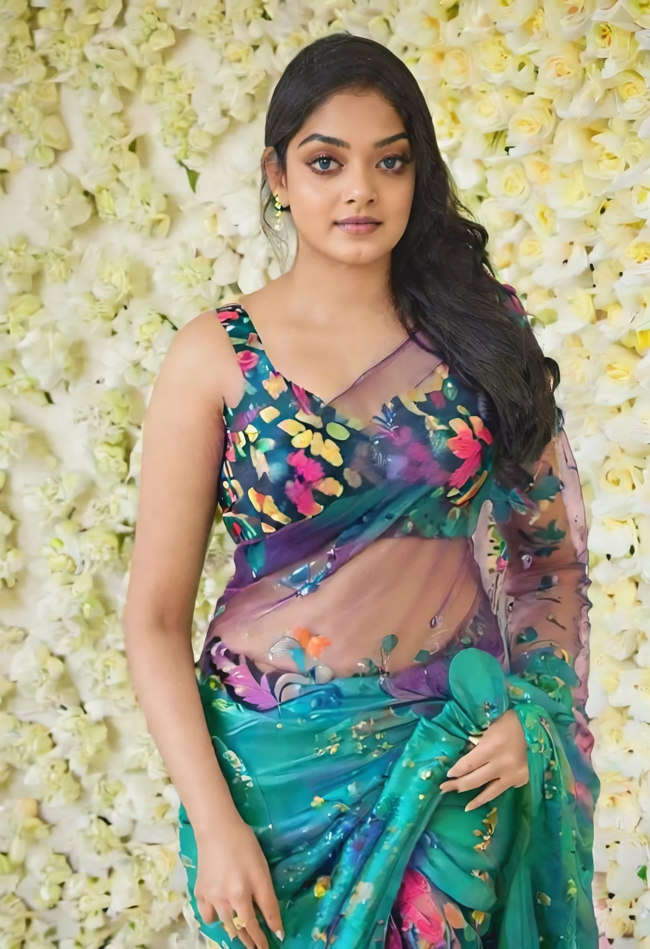 Ahaana Krishna busty chubby aunty indian, Tropical Paradise: Imagine Amber Alena on a romantic getaway, turning heads in a vibrant sheer satin saree. Opt for a bold tropical print that reflects the exotic locale. The fabric should flow sensually around her curves, creating a silhouette that's both captivating and effortless. Keep the blouse style simple yet supportive to flatter her busty figure.