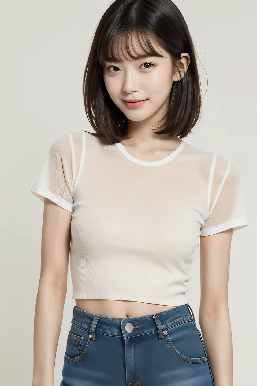 30 y o, ((best Quality, 8K, masterpiece: 1.3)), Cool beauty, empty blue background: 1.8, white blouse and gray skirt, poses of fashion models