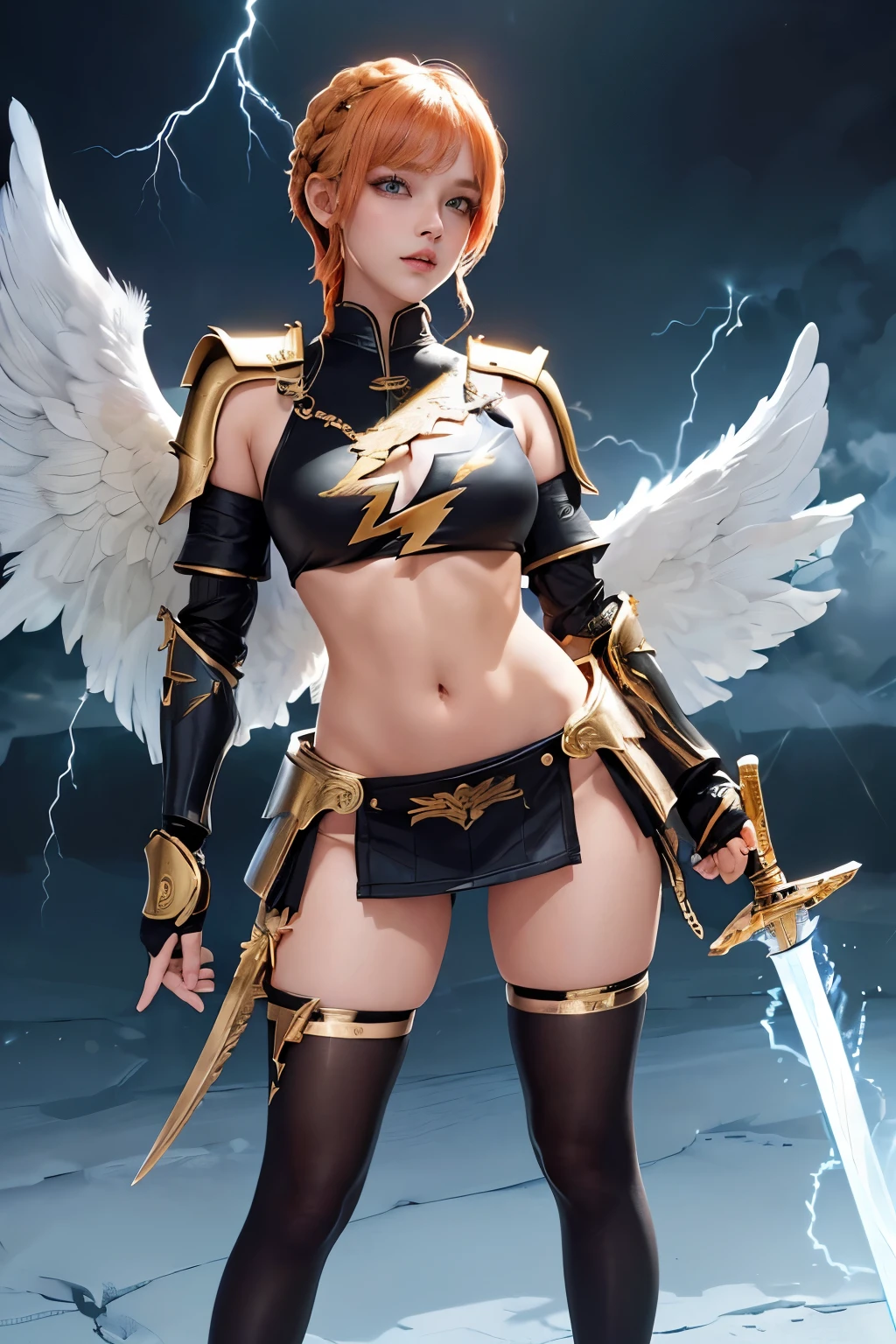 (Best quality, 4k, 8k, highres, masterpiece:1.2), ultra-detailed, ((Bishoujo girl)), ((The marvelous Valkyries girl with Orange pixie cut hair and braid bangs)), ((Super short pixie cut hair with Hair ornament)), ((full body)), ((stand pose)), ((((Valkyries armor with black inner, Angel wings with Gold accessories)))), ((High Valkyries sandals with knee armor and black tights)), ((Slim and perfect body, Perfect figure)), (((Fantasy))), ((Curvy and sexy body))), ((((holding a lightning sword)))), ((fully detailed)), illustration, (Original Character, Unity 16K Wallpaper, masterpiece, Best Quality, Ultra-detailed, extremely details CG, Caustics, Cinematic lighting, Detailed, Beautiful detailed eyes, Solo, Oily skin), Ultra High Resolution, Fine skin, (Strong lights), ((Brighten the subject)), ((full body)), 