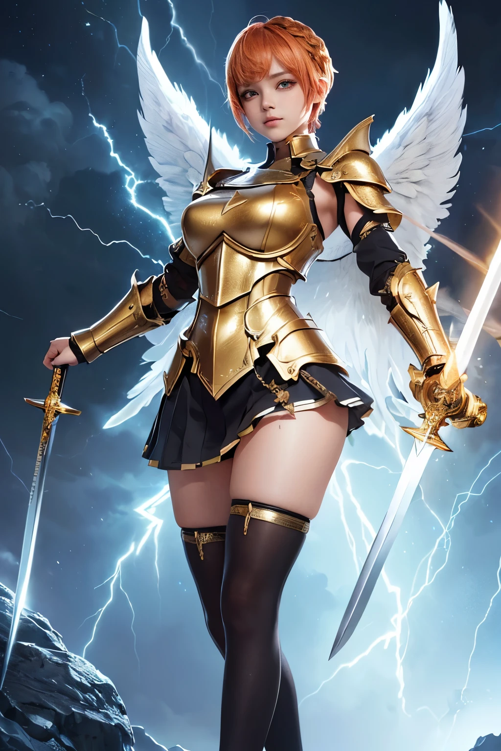 (Best quality, 4k, 8k, highres, masterpiece:1.2), ultra-detailed, ((Bishoujo girl)), ((The marvelous Valkyries girl with Orange pixie cut hair and braid bangs)), ((Super short pixie cut hair with Hair ornament)), ((full body)), ((stand pose)), ((((Valkyries armor with black inner, Angel wings with Gold accessories)))), ((High Valkyries sandals with knee armor and black tights)), ((Slim and perfect body, Perfect figure)), (((Fantasy))), ((Curvy and sexy body))), ((((holding a lightning sword)))), ((fully detailed)), illustration, (Original Character, Unity 16K Wallpaper, masterpiece, Best Quality, Ultra-detailed, extremely details CG, Caustics, Cinematic lighting, Detailed, Beautiful detailed eyes, Solo, Oily skin), Ultra High Resolution, Fine skin, (Strong lights), ((Brighten the subject)), ((full body)), 