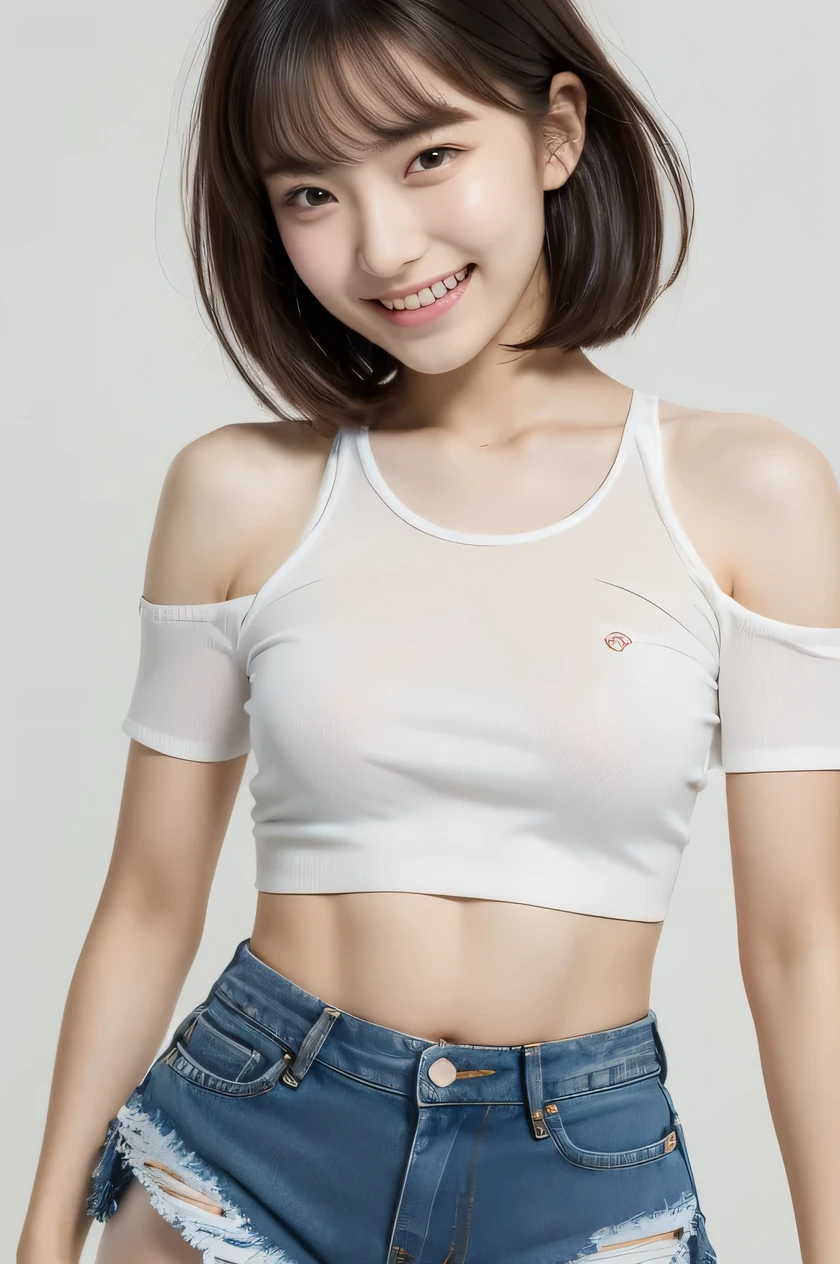 The beauty of 8K raw photos:2.0, Japanese woman, short hair, 18 years old, great face and dark eyes, looking down, looking at the viewer:1.5, big smile, tongue out, show the tongue, wet hair, show the crotch, spread the legs wide, show your cameltoe:1.2, tiny top, (denim shorts, white no sleeve shirt:1.2), shinny skin, realistic:1.9, very detailed, cross-legged, cowboy shot from bottom:1.2, High resolution RAW color photos, professional photos, Taken at the studio, plain wallpaper, girl sexy portrait