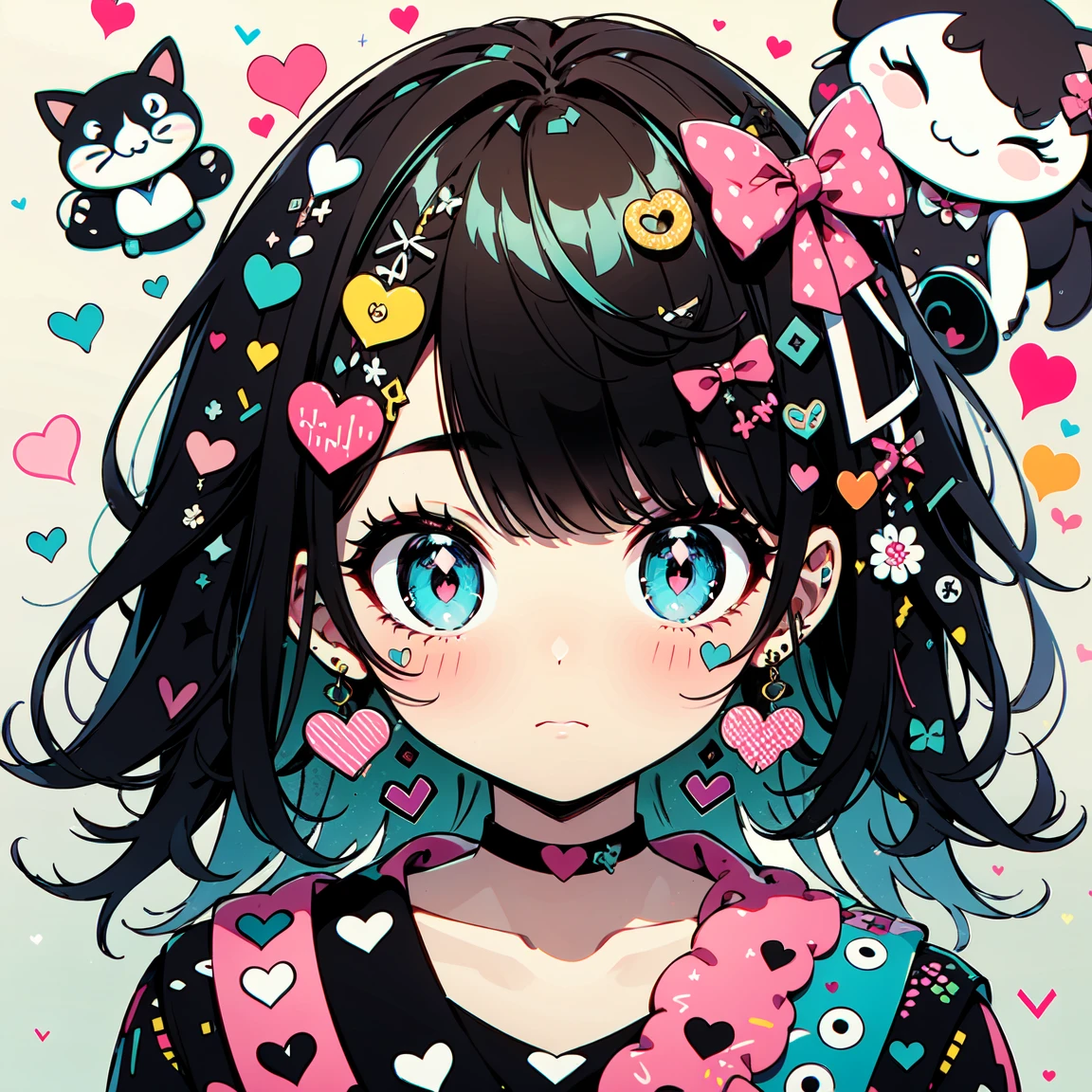 masterpiece, highest quality, Very detailed, Beautiful Shadows, heart, donut, Cinema Lighting, Studio Light, Flowers around, cute, cute, Big eyes, Flower pattern on eyes, Pupil shape , cute polka dot pattern on bows, Plaid, Black Hair,Gray and black gradient hair color, Powder Red Gradient Eyes,Trendy pink and turquoise clothes,pure white cute girl,whole body, Full Shot, Retro, Valletta, Decora, Plenty of accessories,