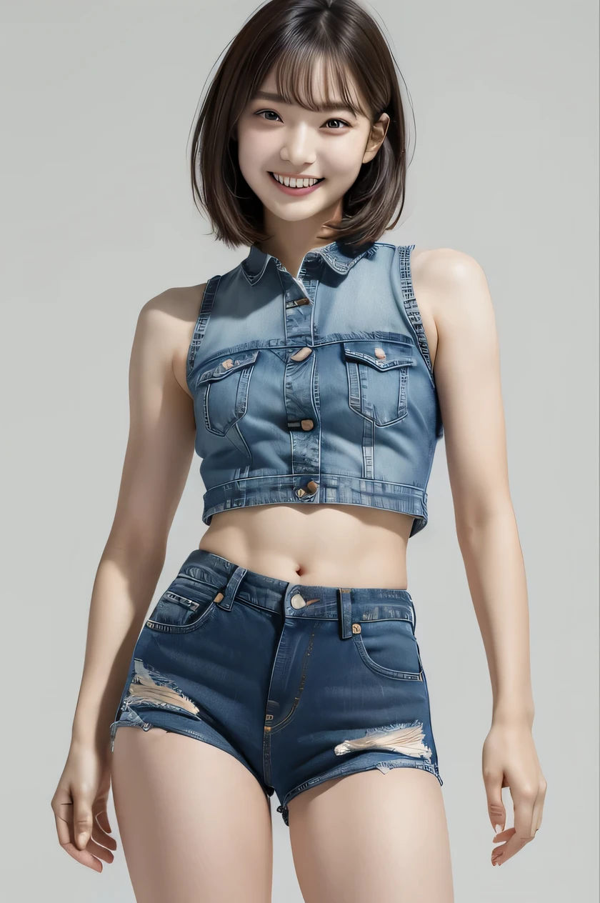 The beauty of 8K raw photos:2.0, Japanese woman, short hair, 18 years old, great face and dark eyes, looking down, looking at the viewer:1.5, big smile, tongue out, show the tongue, wet hair, show the crotch, spread the legs wide, show your cameltoe:1.2, tiny top, (denim shorts, white no sleeve shirt:1.2), shinny skin, realistic:1.9, very detailed, cross-legged, cowboy shot from bottom:1.2, High resolution RAW color photos, professional photos, Taken at the studio, plain wallpaper, girl sexy portrait