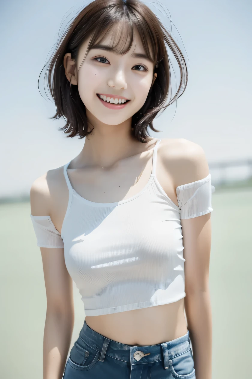 Highest quality、8k、No makeup、masterpiece、Ultra-high resolution、Clear photos、Realistic、Realistic、Professional Lighting、Very cute girl、alone、The cutest Erina Mano、Round face、smile、Small breasts、Ultra slim、Tight waist、Slender body、Highly detailed skin、Beautiful Hair、Thin legs、Round eyes、Very short hair、smile、(valley、Stand on a suspension bridge:1.6)、(wearing small white panties)、(Wearing a white tank top:1.6、Tank top rides up:1.2)、Raise your arms、(Please show me your armpit hair、Thick armpit hair、Armpit hair is very long:1.6)、Upper Body、Attention in the armpits