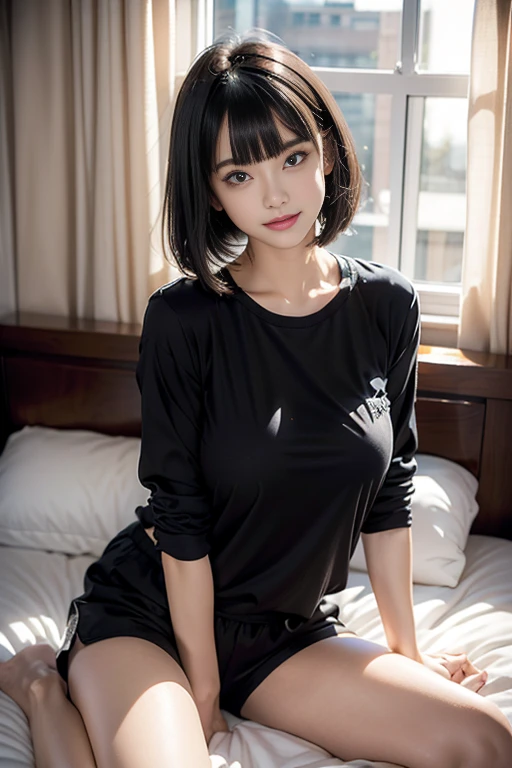 ♥full body,(cute pajama shirt and short pants),((1girl,cute,young,semi long beautiful black hair,blunt bangs,beautiful eyes,medium boobs)),beautiful pastel room,flat sitting on the bed,curtain,window,night starry sky,
(solo), ((realistic:1.5,Beautiful girl RAW photo)),(looking at the viewer), innocent smile,cinematic lighting and pause,