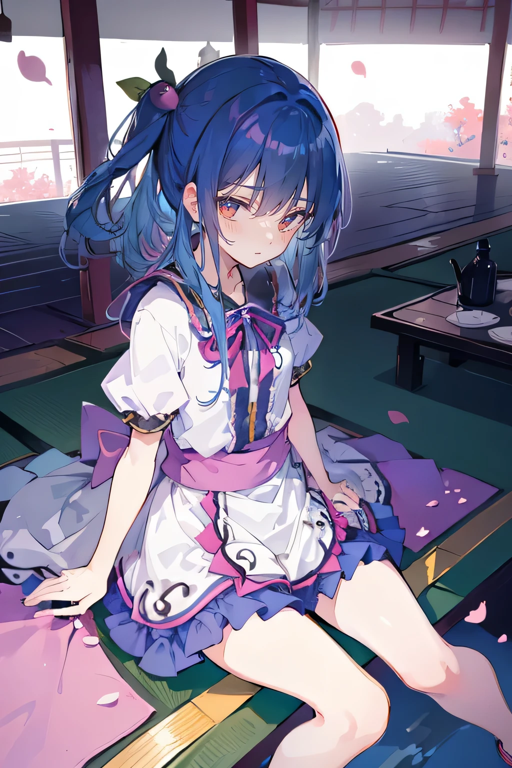 (best quality, masterpiece:1.2), expressive eyes, perfect face, 1 girl, hands on waist, beautiful, gorgeous, Japanese animation, Lola, Hinamori Angel, blue hair, floating clothes, waist grab, waist grab, hands on hips, sitting, sitting on the ground, legs on the ground, flat-chested, falling petals, sitting in a pavilion, pavilion.
