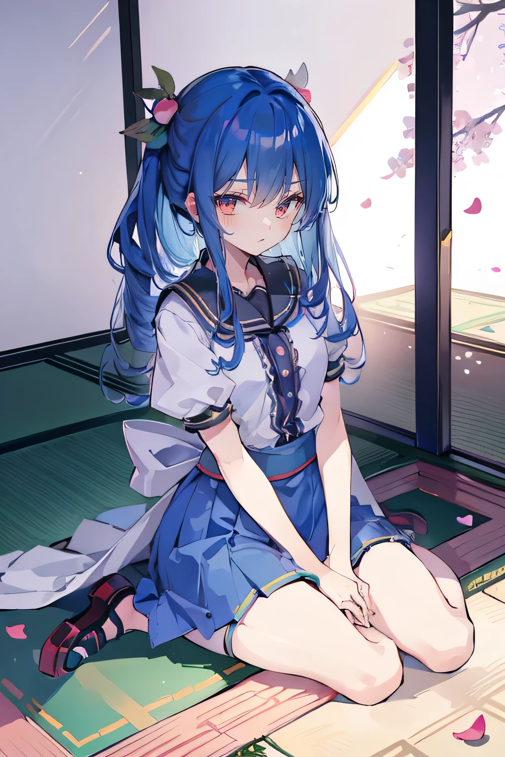 (best quality, masterpiece:1.2), expressive eyes, perfect face, 1 girl, hands on waist, beautiful, gorgeous, Japanese animation, Lola, Hinamori Angel, blue hair, floating clothes, waist grab, waist grab, hands on hips, sitting, sitting on the ground, legs on the ground, flat-chested, falling petals, sitting in a pavilion, pavilion.