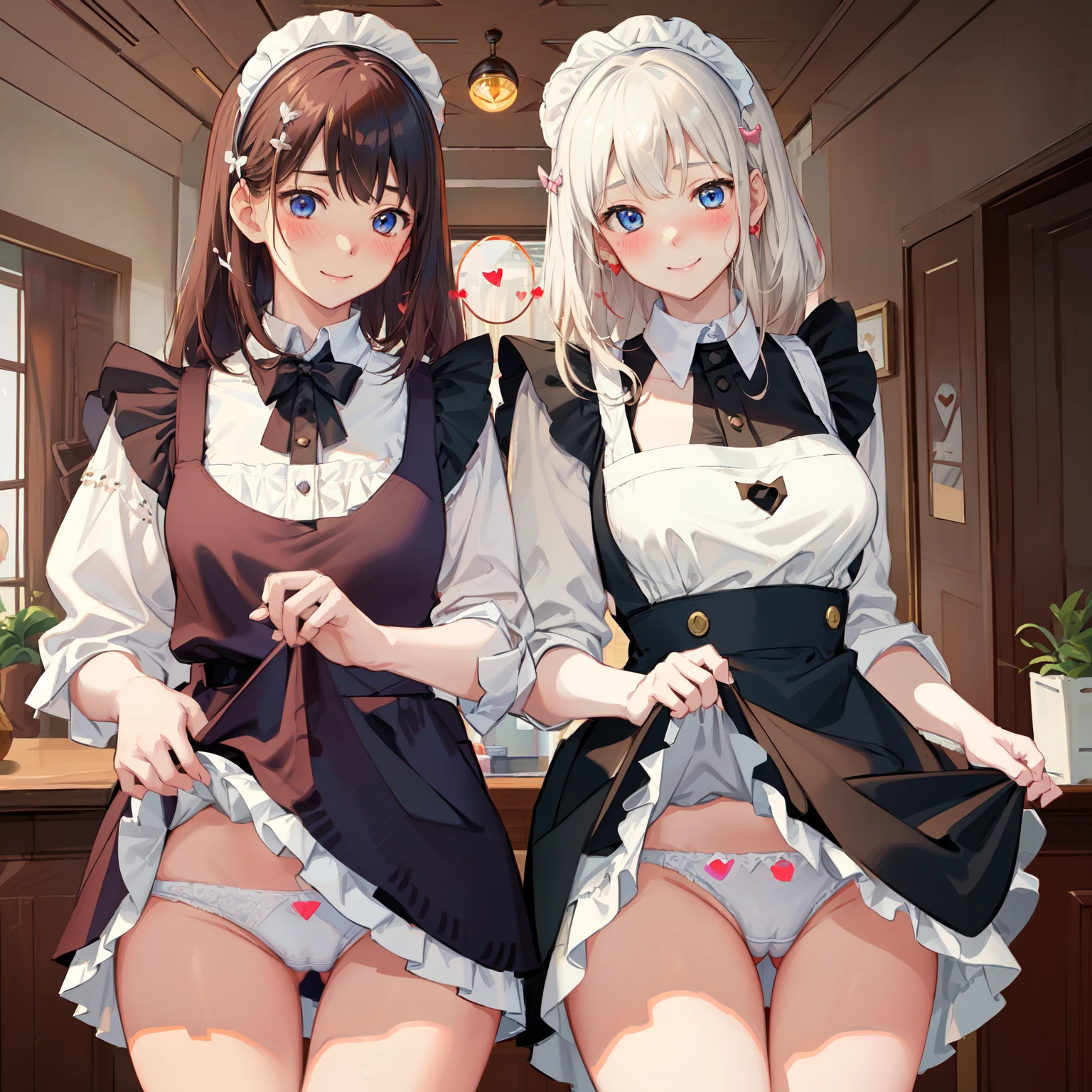 highest quality、masterpiece、((2 girls))、((smile:1.3))、(blush:1.3)、Black Shirt、blouse、((fun!!))、(Small breasts)、()、Blonde、()、((White apron:1.5))、((Maid))、((hair ornaments)),、Kamimei、look at me、 ((in house:1.5))、 Taking a break from watching the audience、Cowboy Shot、(Skirt lift:1.3),(Highly detailed white panties:1.3)、(Highly detailed panties:1.3)、、(スカート that rolls up:1.3)、(Panties fully exposed:1.5)、Light blue eyes、long hair、((spoken heart:1.5))、