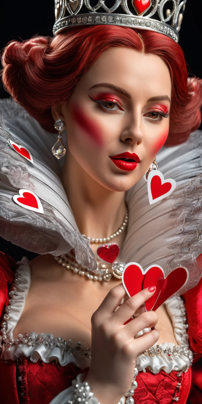 masterpiece, top, very realistic, highly detailed, original 3d photo, a queen of hearts card game where the queen is a beautiful woman wearing royal clothing blowing kisses to the audience. as if the queen of hearts comes out of a card, Hearts radiate from her face and appear to float above the card in 3D. Photo realistic image. frontal, face details, finger details, leg details, background details, 32K ultraHD resolution, HDR, 800mm lens, realistic, hyperrealistic, photography, professional photography, immersive photography, ultra HD, ultra high quality, best quality, HDR photo, focus photo , original photo, ultra sharp, nature photo, masterpiece, award winner, taken with hasselblad x2d.