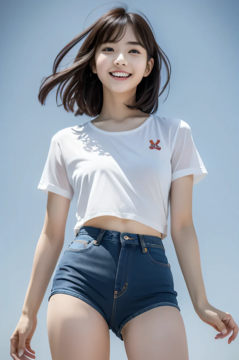 The beauty of 8K raw photos:2.0, Japanese woman, short hair, 18 years old, great face and dark eyes, looking down, looking at the viewer:1.5, big smile, tongue out, show the tongue, wet hair, show the crotch, spread the legs wide, show your cameltoe:1.2, tiny top, (denim hot pants, white shirt:1.2), shinny skin, realistic:1.9, very detailed, cross-legged, cowboy shot from bottom:1.2, High resolution RAW color photos, professional photos, Taken at the studio, plain wallpaper, girl sexy portrait