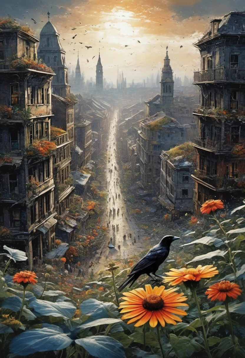 (masterpiece:1.4), (best quality:1.4), (high resolution:1.4), (masterpiece, best quality, high resolution:1.4), dark fantasy, Science fiction, Frank Miller comic style, After the end of the world，A destroyed city without humans,top view，1 flower，crow