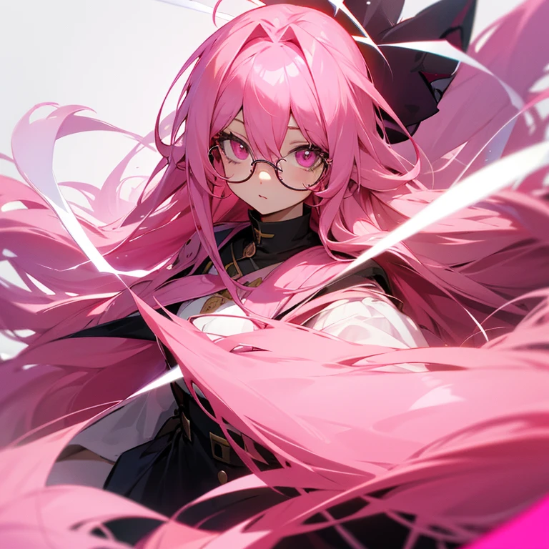 Pink eyes, long pink hair, glasses