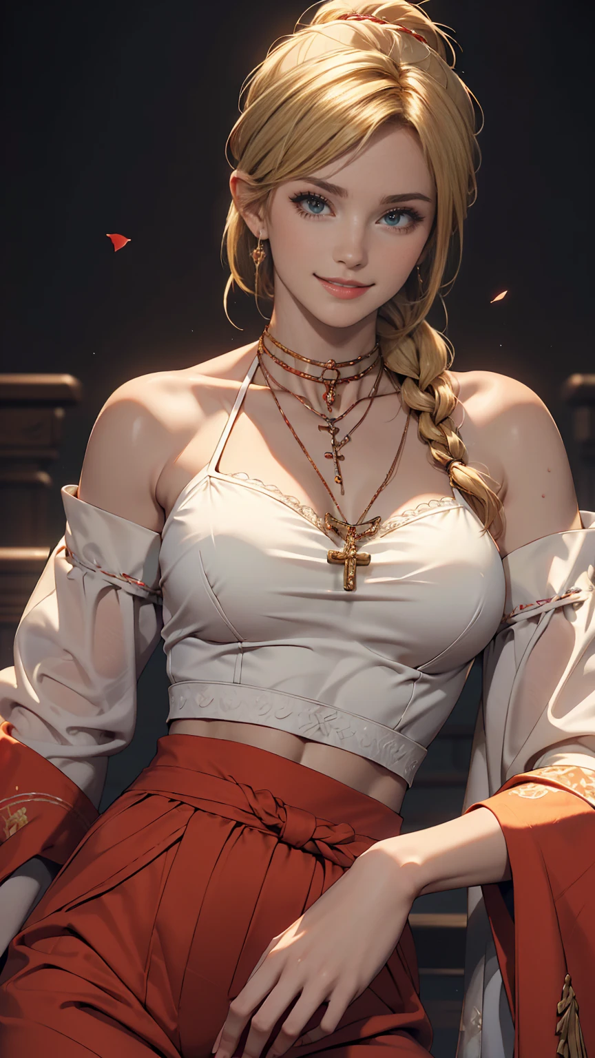 ((最high quality, 8K, masterpiece: 1.3, Ultra HD, high quality, 最high quality, High resolution, realism)) 、A 22-year-old extremely beautiful white woman、Hair color blonde、blue eyeedium Hair、Straight Hair、smile、Slender but well-proportioned body、Background blur((depth of field))、Aerial perspective((atmospheric perspective))、I want my head to stay off screen、Put an anklet on your ankle、Wearing red nail polish、I have a peticure、Surplice Neck((surplice neck))Wear a top from、Harlem Pants((harem pants))Wear、サンダルWear、Cross one's arms、smile、Braided ponytail((braided ponytail))