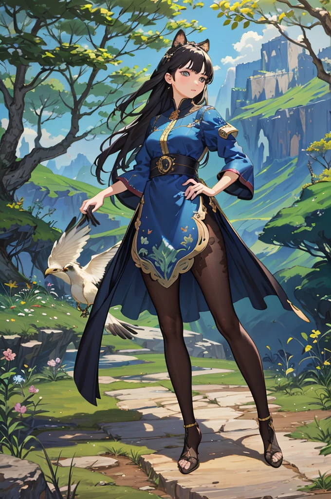 In a Final Fantasy style illustration. A powerful sorceress invokes the powers of thunder. She is very beautiful and wears a knee-length dress with straps and ruffles, heels and a pointed hat. She is in a strange place of ancient buildings half buried by the jungle.