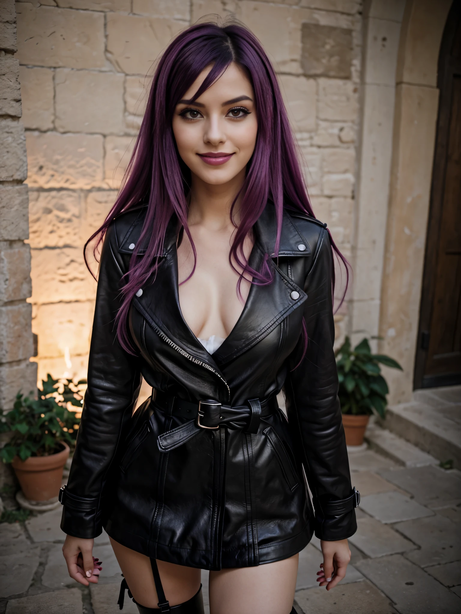 The best smile when you see me、cute emo girl, long dark (fuchsia hair), punk-rock ta, natural breasts, waist up portrait, full body portrait, fashion photography, long wavy pink and purple hair, ((long black leather coat)), perfect face, ((full body portrait)) no background, Ultra-high definition beautiful teeth, realistic hands, sassi_di_matera in background, wide angle