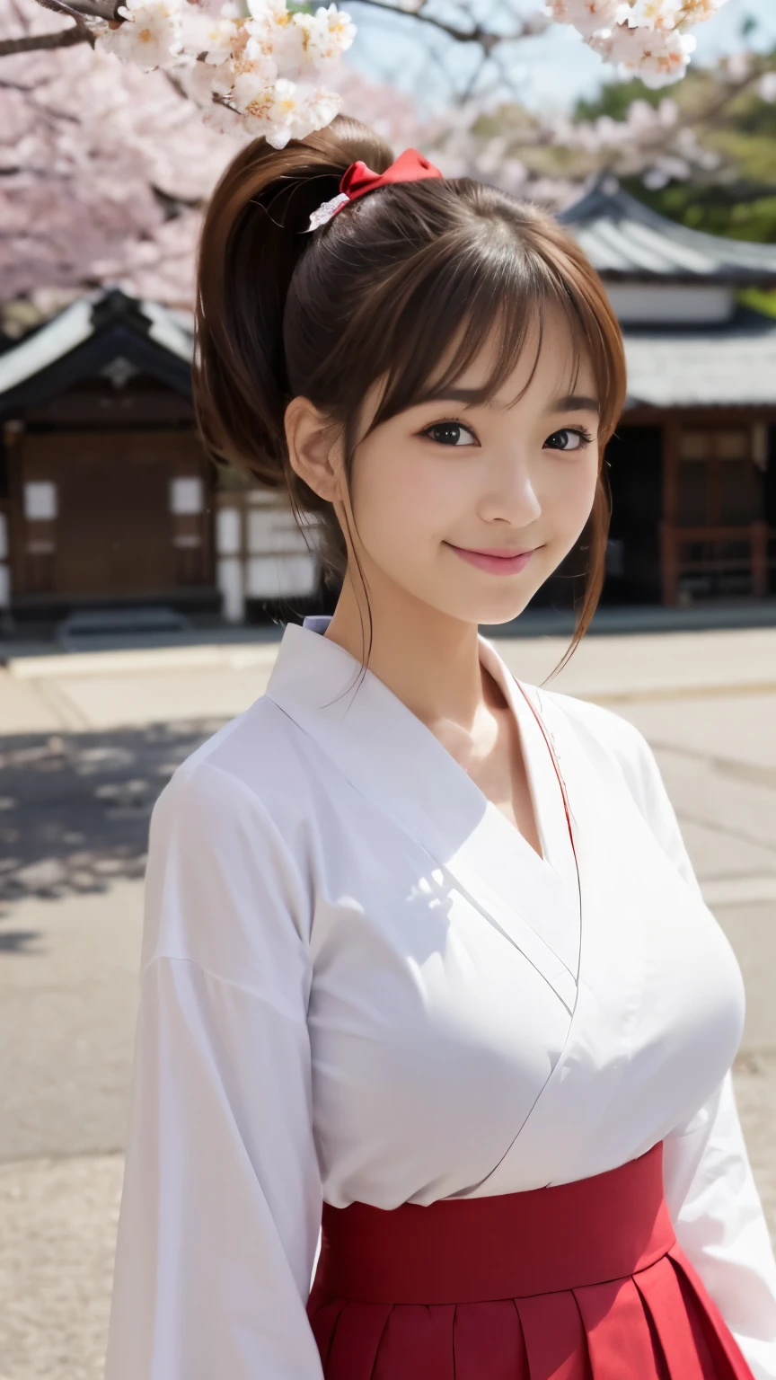 highest quality、Confused、((Portrait of the cutest girl in the world))、Japanese、16-year-old girl、shrine、A slightly windy day with cherry blossom petals fluttering、kimono、plain white kimono、Red Skirt、shrine maiden服、shrine maiden、Nice and cute、An innocent smile、nice smile、Big Breasts、(はちきれそうなBig Breasts:1.3)、(High Ponytail:1.4)、Tie your hair with a thin red ribbon、brown hair、Narrow waist、Detailed beautiful idea hair、Look forward、Upper Body、