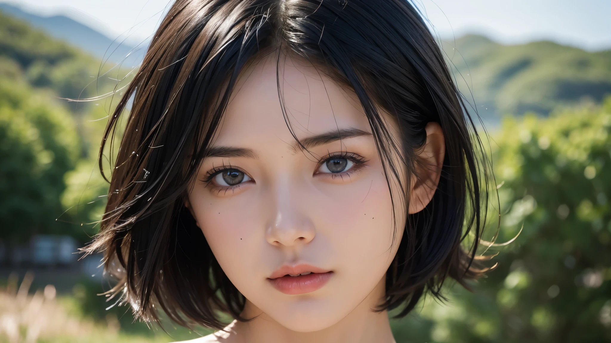 , blown by the long wind [Blue-black:.3] hair,looking at the viewer, (masterpiece:1.3), (8K, realistic, Raw photo, highest quality: 1.4), Japanese, (1 girl), beautiful face, (realistic face), (black hair, short hair:1.3), beautiful hairstyle, realistic eyes, detailed and beautiful eyes, (realistic skin), beautiful skin, Charm, ultra high resolution, surreal, very detailed, golden ratio,