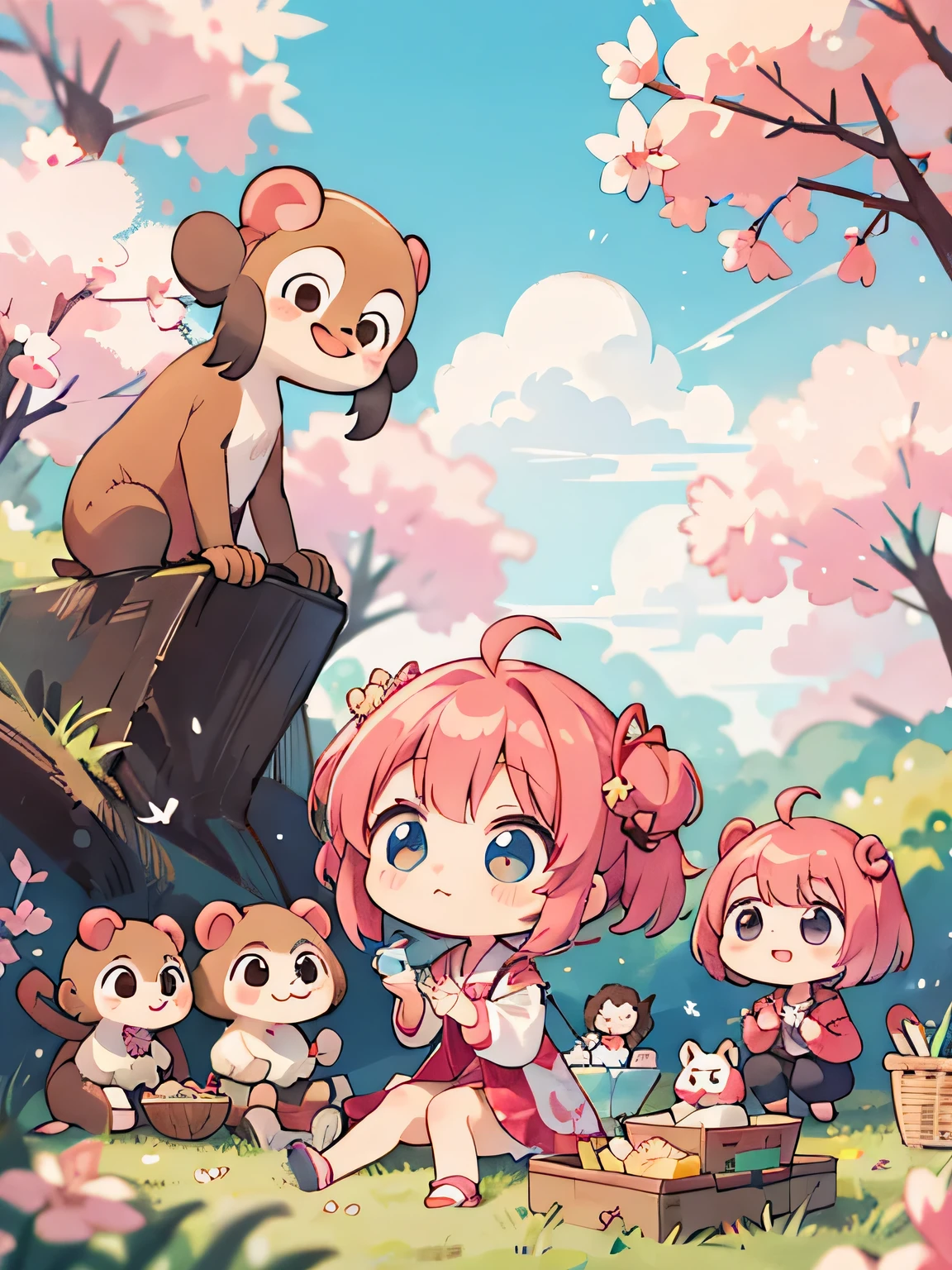 Momoko Sakura style, Kawaii Design, (((many people)))、most beautiful girl ever、Chibi, Colorful bob hair、((Lots of friends))、Picnic together, many monkeys