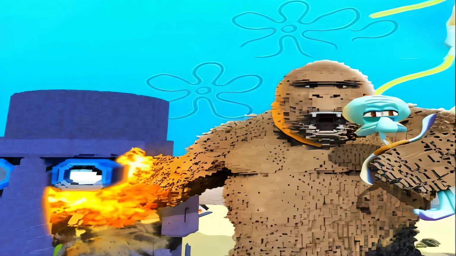 The scene features a Lego Godzilla and a Lego man, Epic 3D Omolu, Monster in the background, 🐋 as 🐘 as 🤖 as 👽 as 🐳, Bored Ape, Clay animation style, Official screenshot, Animation movie stills, made of lava, The artistic styles of Monet and Da Vinci, Monster fights, Fierce Battle, Internet memes