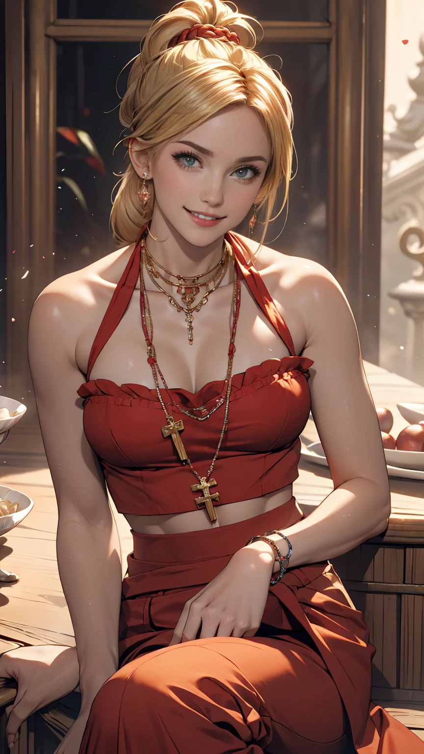 ((最high quality, 8K, masterpiece: 1.3, Ultra HD, high quality, 最high quality, High resolution, realism)) 、A 22-year-old extremely beautiful white woman、Hair color blonde、blue eyeedium Hair、Straight Hair、smile、Slim and toned body、Background blur((depth of field))、Aerial perspective((atmospheric perspective))、I want my head to stay off screen、Put an anklet on your ankle、Wearing red nail polish、I have a peticure、Surplice Neck((surplice neck))Wear a top from、Harlem Pants((harem pants))Wear、サンダルWear、Cross one's arms、smile、Braided ponytail((braided ponytail))