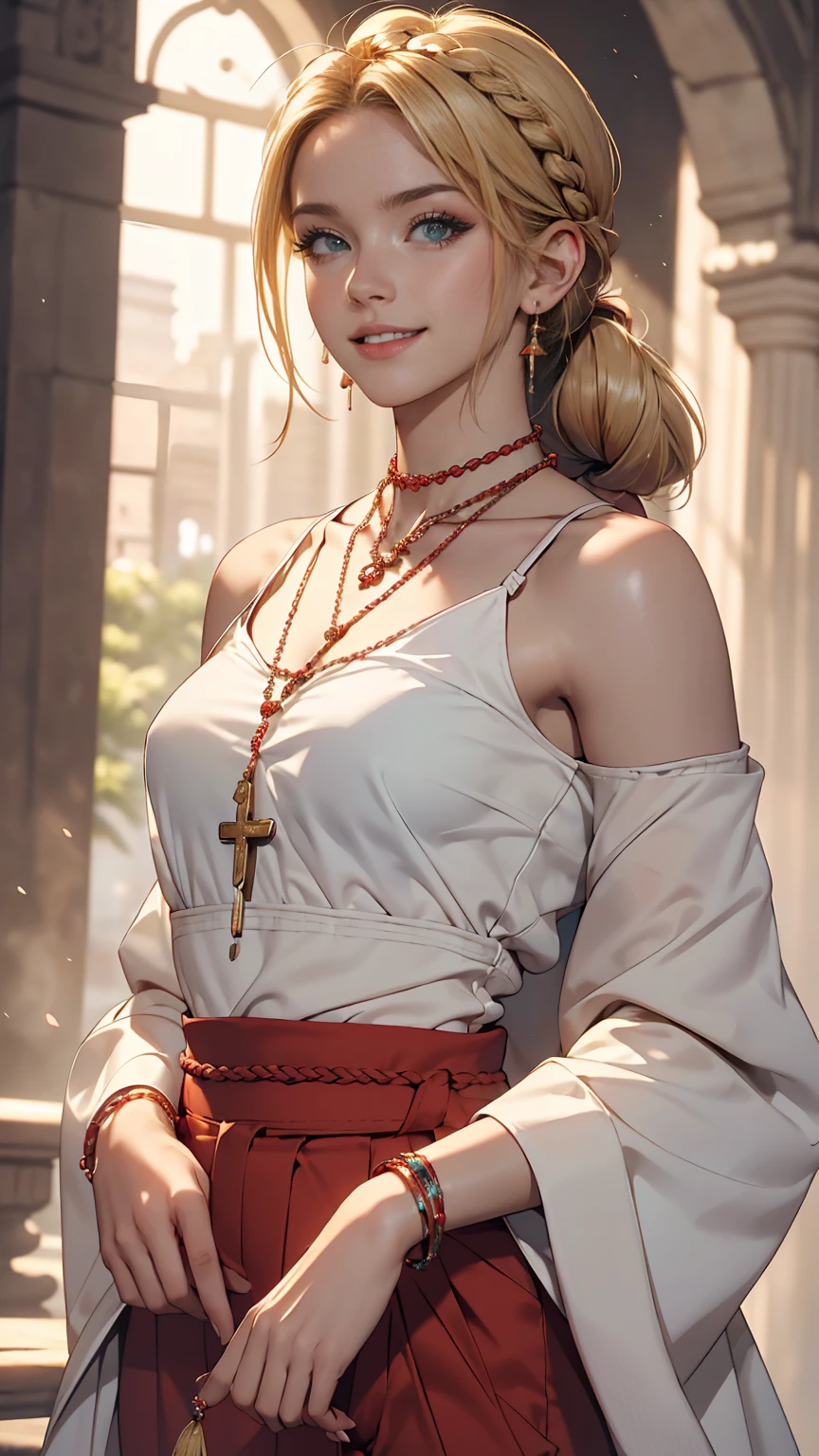 ((最high quality, 8K, masterpiece: 1.3, Ultra HD, high quality, 最high quality, High resolution, realism)) 、A 22-year-old extremely beautiful white woman、Hair color blonde、blue eyeedium Hair、Straight Hair、smile、Slim and toned body、Background blur((depth of field))、Aerial perspective((atmospheric perspective))、I want my head to stay off screen、Put an anklet on your ankle、Wearing red nail polish、I have a peticure、Surplice Neck((surplice neck))Wear a top from、Harlem Pants((harem pants))Wear、サンダルWear、Cross one's arms、smile、Braided ponytail((braided ponytail))