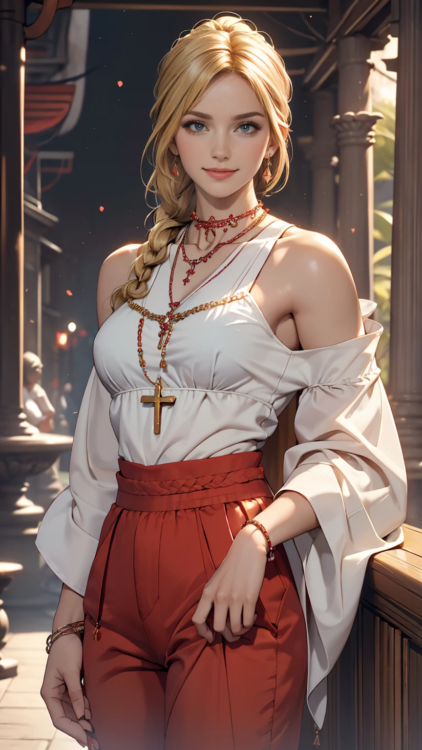 ((最high quality, 8K, masterpiece: 1.3, Ultra HD, high quality, 最high quality, High resolution, realism)) 、A 22-year-old extremely beautiful white woman、Hair color blonde、blue eyeedium Hair、Straight Hair、smile、Slim and toned body、Background blur((depth of field))、Aerial perspective((atmospheric perspective))、I want my head to stay off screen、Put an anklet on your ankle、Wearing red nail polish、I have a peticure、Surplice Neck((surplice neck))Wear a top from、Harlem Pants((harem pants))Wear、サンダルWear、Cross one's arms、smile、Braided ponytail((braided ponytail))